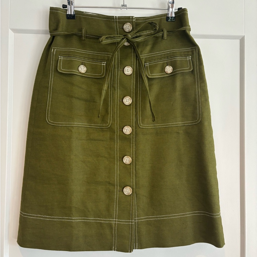 J.Crew women’s green button front linen utility skirt pencil with white piping